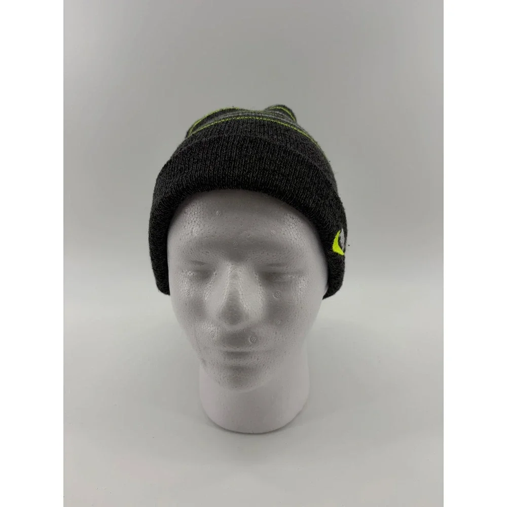 Nike Beanie Youth One Size Grey Neon Green‎ Striped Cuffed Knit Hat 742728915135